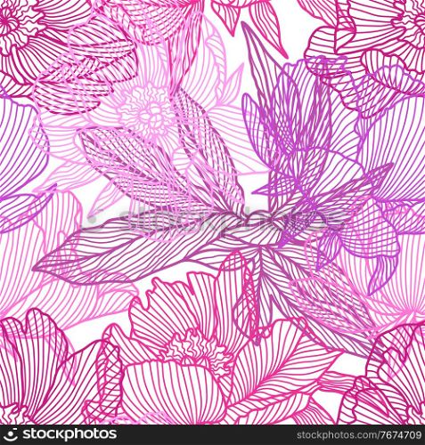 Seamless pattern with linear peonies. Beautiful decorative stylized summer flowers.. Seamless pattern with linear peonies.
