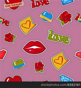 Seamless pattern with lips, roses, colorful hearts and diamonds patch. Textile fabric of objects with dashed line. Wrapping paper design for valentines day. Modern fashionable wallpaper. Vector. Seamless Pattern with Lips, Roses, Hearts, Diamond