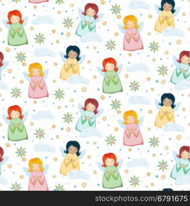 Seamless Pattern with Little Cute Angels. Vector Illustration.