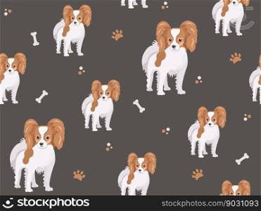 Seamless pattern with little papillon dog. Cartoon home pet, cute puppies for print, posters and postcard. Vector animals background. Funny little doggy pattern.. Seamless pattern with little papillon dog. Cartoon home pet, cute puppies for print, posters and postcard. Vector animals background. Funny little doggy pattern