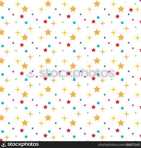 Seamless pattern with little rounded stars, dots and strokes on white background.