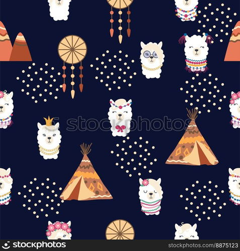 Seamless pattern with llama, alpaca faces. Cute drawings of llama head with hearts, inscription, mountains, cacti, star, dreamcatcher. Hand drawing for postcards, t-shirts, textiles.. Seamless pattern with llama, alpaca faces. Cute drawings of llama head with hearts, inscription, mountains, cacti, star, dreamcatcher