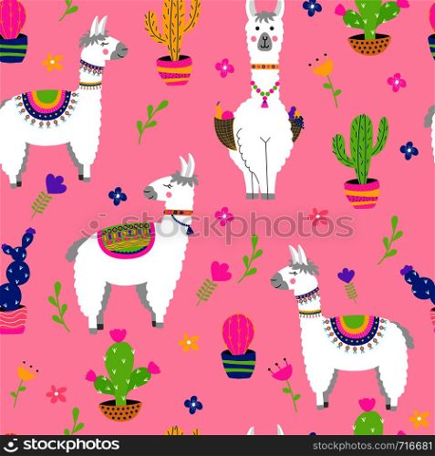 Seamless pattern with llama, cactus, flowers. Vector illustration.