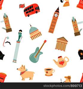 Seamless pattern with London ladmarks. Suitable for print, wrapping paper, gift box. Seamless pattern with London ladmarks