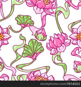 Seamless pattern with lotus flowers. Art Nouveau vintage style. Water lily decorative illustration. Natural tropical plants.. Seamless pattern with lotus flowers. Art Nouveau vintage style.