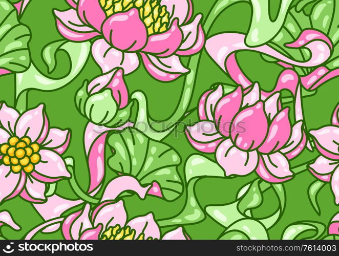Seamless pattern with lotus flowers. Art Nouveau vintage style. Water lily decorative illustration. Natural tropical plants.. Seamless pattern with lotus flowers. Art Nouveau vintage style.
