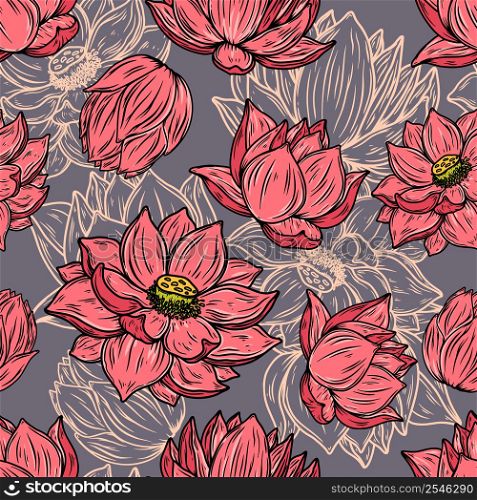 Seamless pattern with lotus flowers. Design element for poster, card, banner, sign. Vector illustration