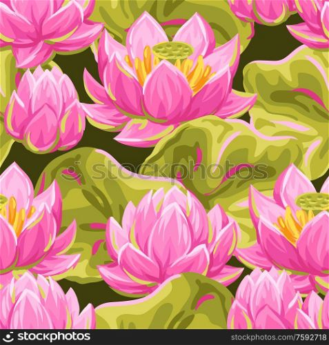 Seamless pattern with lotus flowers. Water lily decorative illustration. Natural tropical plants.. Seamless pattern with lotus flowers. Water lily decorative illustration.