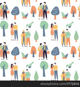 Seamless pattern with love couples outdoors. People together walking in park. Texture background with cute girlfriend and boyfriend. Weekend time, decoration banner. Flat vector illustration. Seamless pattern with love couples outdoors. People together walking in park. Texture background with cute girlfriend and boyfriend.