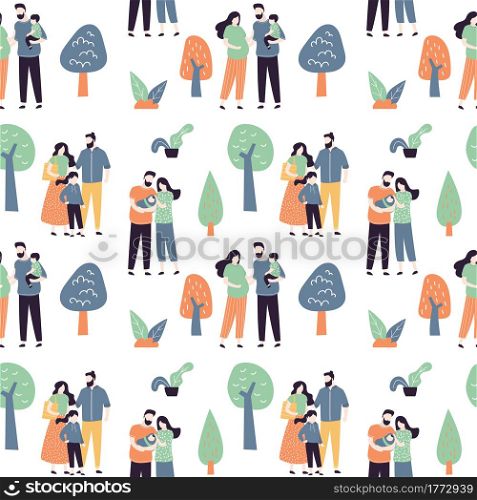 Seamless pattern with love couples with children outdoors. People together walking in park. Texture background with cute family. Weekend time, decoration banner. Flat vector illustration. Seamless pattern with love couples with children outdoors. People together walking in park. Texture background with cute family.