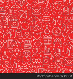 Seamless pattern with love symbols in line style. Valentines day. Love heart couple relationship dating wedding romantic amour theme. Vector illustration. Background