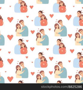 Seamless pattern with loving people. Happy loving couple hugging on white background. Vector illustration. Romantic endless background for valentine, packaging, textiles, printing