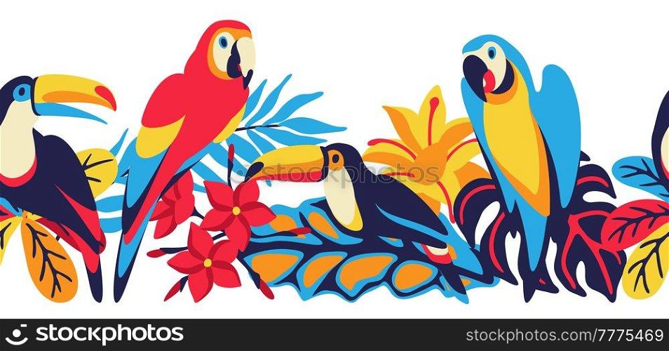 Seamless pattern with macaw parrot, toucan and tropical plants. Exotic decorative birds, flowers anf leaves. Stylized background for design.. Seamless pattern with macaw parrot, toucan and tropical plants. Exotic decorative birds, flowers anf leaves.