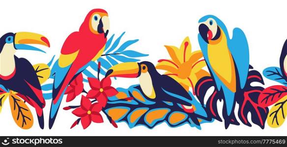 Seamless pattern with macaw parrot, toucan and tropical plants. Exotic decorative birds, flowers anf leaves. Stylized background for design.. Seamless pattern with macaw parrot, toucan and tropical plants. Exotic decorative birds, flowers anf leaves.