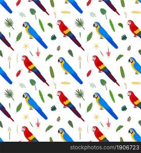 Seamless pattern with macaw parrots red and blue, tropical leaves and flowers. Cute baby print for fabric and textile.. Seamless pattern with macaw parrots red and blue, tropical leaves and flowers.