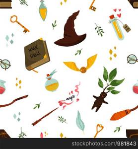 Seamless pattern with magic items and tools. Vector illustration for gift boxes, wrapping paper, holiday decoration. Seamless pattern with magic items and tools.
