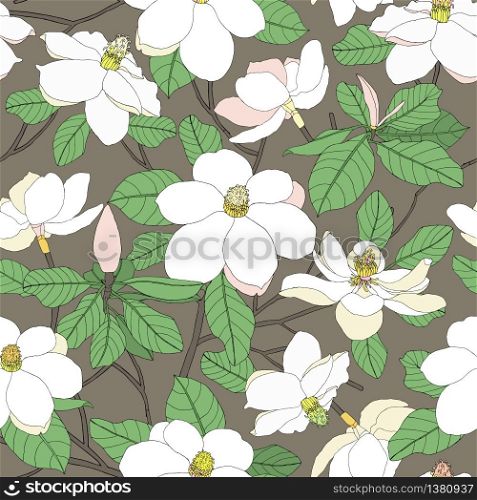 Seamless pattern with magnolia flowers and leaves on background. Floral vector illustration. Beautiful plants for cards, prints, textile. Seamless pattern with magnolia flowers and leaves on background.