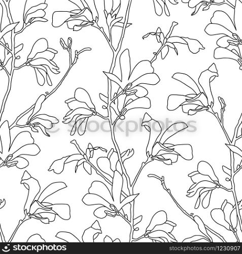 Seamless pattern with magnolia tree blossom. Floral background with branch and magnolia flower. Spring design with big floral outline elements. Hand drawn botanical illustration. Seamless pattern with magnolia tree blossom. Floral background with branch and magnolia flower. Spring design with big floral outline elements. Hand drawn botanical illustration.