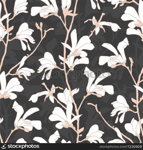 Seamless pattern with magnolia tree blossom. Floral background with branch and white magnolia flower. Spring design with big floral elements. Hand drawn botanical illustration. Seamless pattern with magnolia tree blossom. Floral background with branch and white magnolia flower. Spring design with big floral elements. Hand drawn botanical illustration.
