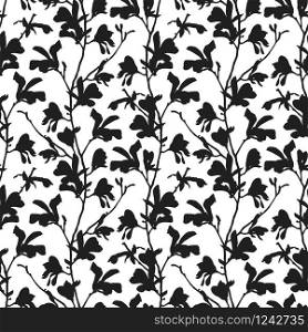 Seamless pattern with magnolia tree blossom in black and white. Floral background with branch and magnolia flower. Spring design with big floral outline elements. Hand drawn botanical illustration.