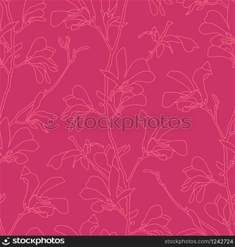 Seamless pattern with magnolia tree blossom. Pink floral background with branch and magnolia flower. Spring design with big floral elements. Hand drawn botanical illustration. Seamless pattern with magnolia tree blossom. Pink floral background with branch and magnolia flower. Spring design with big floral elements. Hand drawn botanical illustration.