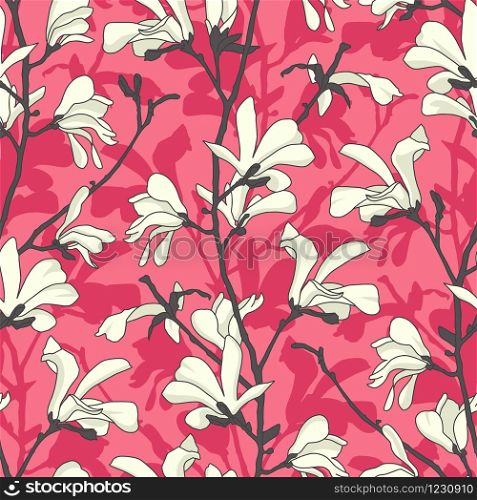Seamless pattern with magnolia tree blossom. Pink floral background with branch and white magnolia flower. Spring design with big floral elements. Hand drawn botanical illustration. Seamless pattern with magnolia tree blossom. Pink floral background with branch and white magnolia flower. Spring design with big floral elements. Hand drawn botanical illustration.