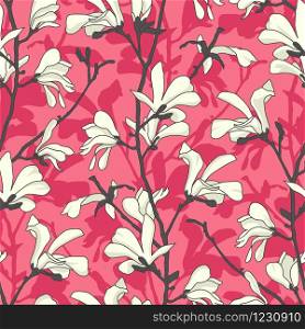 Seamless pattern with magnolia tree blossom. Pink floral background with branch and white magnolia flower. Spring design with big floral elements. Hand drawn botanical illustration. Seamless pattern with magnolia tree blossom. Pink floral background with branch and white magnolia flower. Spring design with big floral elements. Hand drawn botanical illustration.