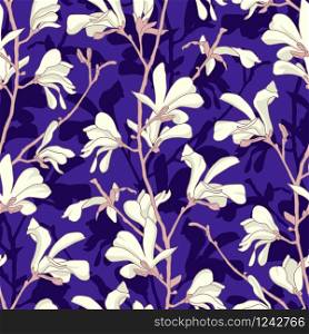 Seamless pattern with magnolia tree blossom. Purple floral background with branch and white magnolia flower. Spring design with big floral elements. Hand drawn botanical illustration. Seamless pattern with magnolia tree blossom. Purple floral background with branch and white magnolia flower. Spring design with big floral elements. Hand drawn botanical illustration.