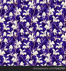 Seamless pattern with magnolia tree blossom. Purple floral background with branch and white magnolia flower. Spring design with big floral elements. Hand drawn botanical illustration. Seamless pattern with magnolia tree blossom. Purple floral background with branch and white magnolia flower. Spring design with big floral elements. Hand drawn botanical illustration.