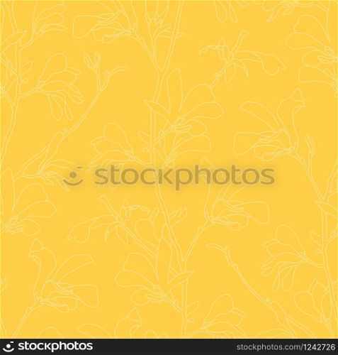 Seamless pattern with magnolia tree blossom. Yellow floral background with branch and magnolia flower. Spring design with big floral elements. Hand drawn botanical illustration. Seamless pattern with magnolia tree blossom. Yellow floral background with branch and magnolia flower. Spring design with big floral elements. Hand drawn botanical illustration.