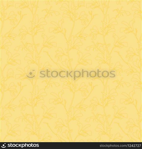 Seamless pattern with magnolia tree blossom. Yellow floral background with branch and magnolia flower. Spring design with big floral elements. Hand drawn botanical illustration