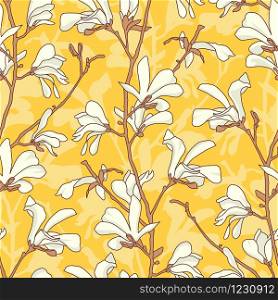 Seamless pattern with magnolia tree blossom. Yellow floral background with branch and white magnolia flower. Spring design with big floral elements. Hand drawn botanical illustration. Seamless pattern with magnolia tree blossom. Yellow floral background with branch and white magnolia flower. Spring design with big floral elements. Hand drawn botanical illustration.