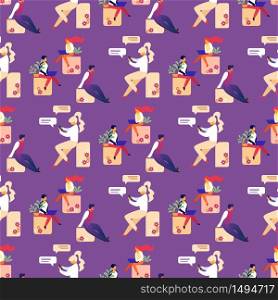 Seamless Pattern with Male and Female Characters Communicating in Social Media Networks. People Using Gadgets, Working with Laptops, Men, Women Chatting in Internet. Cartoon Flat Vector Illustration.. Seamless Pattern with People Using Gadgets, Laptop