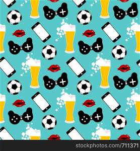 Seamless pattern with male iconic elements with beer, woman , soccer ball and gamepad