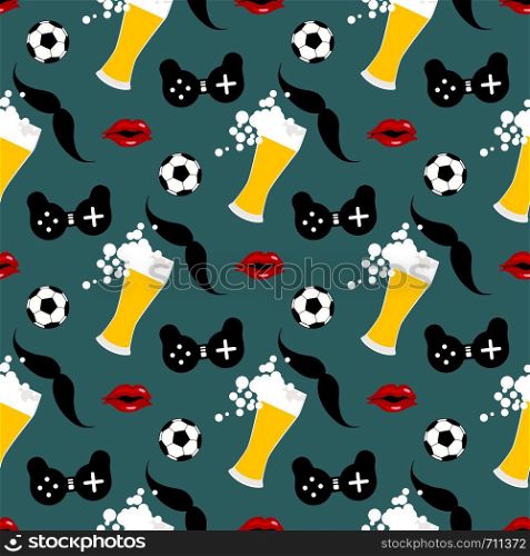 Seamless pattern with male iconic elements with beer, woman , soccer ball and gamepad