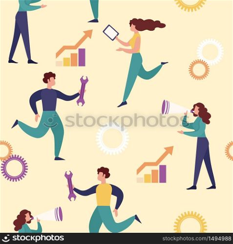 Seamless Pattern with Man Holding Wrench, Woman with Loudspeaker, Girl with Tablet Pc. Technical Support Service and Business Report Print for Fabric, Wallpaper Design Cartoon Flat Vector Illustration. Technical Support Service, Business Report Print