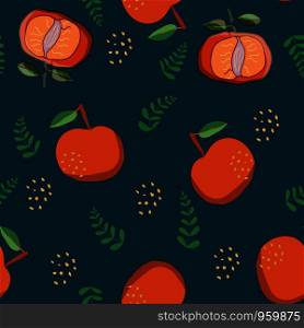 Seamless Pattern with mandarin Fruit. Citrus Fruits and Green leaves flat cartoon style on blue. Vector Design for Wallpaper, Tablecloth, Paper, Fabric, Textile, Design.. Seamless Pattern with mandarin Fruit on blue.