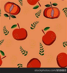 Seamless Pattern with mandarin Fruit. Citrus Fruits and Green leaves flat cartoon style. Vector illustration. Design for Wallpaper, Tablecloth, Paper, Fabric, Textile, Design.. Seamless Pattern with mandarin Fruit.