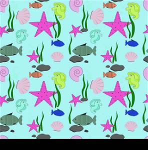 Seamless pattern with marine life. Cute background with starfish, seahorses, fish, algae, shells and stones. Template for design wallpaper, wrapping paper, background, textile, fabric vector Illustration