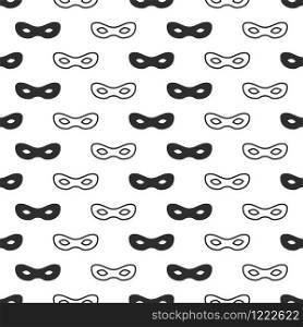 Seamless pattern with mask. Black and white carnival simple design. Superhero mask. Traditional venetian festive carnival icon. Masquerade. Vector illustration. Background. Texture. Symbols