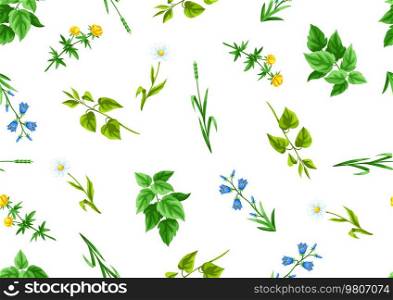 Seamless pattern with meadow flowers. Herbs and cereal grass. Beautiful decorative spring plants. Natural background.. Seamless pattern with meadow flowers. Herbs and cereal grass. Beautiful decorative spring plants.