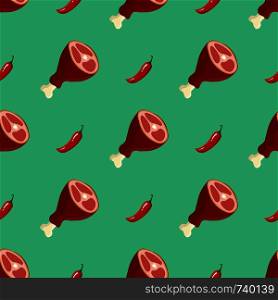 Seamless pattern with meat and chilli papper. Texture for fabric or wallpaper. Kitchens background. Vector illustration.