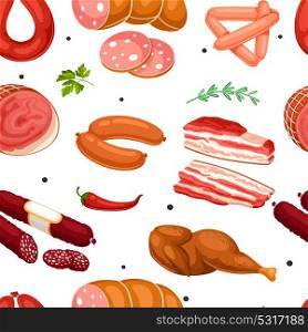 Seamless pattern with meat products. Illustration of sausages, bacon and ham. Seamless pattern with meat products. Illustration of sausages, bacon and ham.