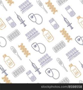 Seamless pattern with medical and healthcare items. Equipment and symbols for pharmacies and hospitals.. Seamless pattern with medical and healthcare items. Equipment for pharmacies and hospitals.