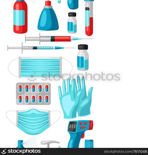 Seamless pattern with medical equipment and protection. Health care, treatment and safety items.. Seamless pattern with medical equipment and protection.