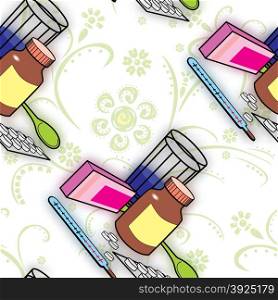 Seamless pattern with medications for colds and flu
