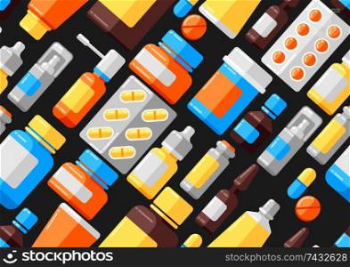 Seamless pattern with medicine bottles and pills. Medical background in flat style.. Seamless pattern with medicine bottles and pills.