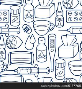 Seamless pattern with medicines and medical objects. Treatment of cold and flu. Seamless pattern with medicines and medical objects. Treatment of cold and flu.