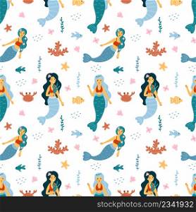 Seamless pattern with mermaid. Cute wallpaper for nursery. Marine life. Background for print on fabric. Packing paper. Princess for girl.