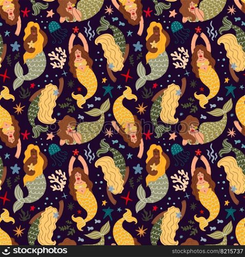 Seamless pattern with mermaids and marine life.Mermaids seamless background. Vector illustration. Seamless pattern with mermaids and marine life